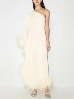Taller Marmo Ubud One Shoulder Feather Trimmed Crepe Maxi Dress Ivory for rent on The Volte - image 1