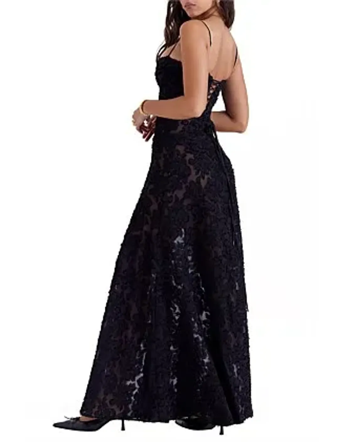 House Of Cb Seren Lace-Up Back Maxi Dress Black Size 10 (Regular Cup A-C) for rent on The Volte - main image
