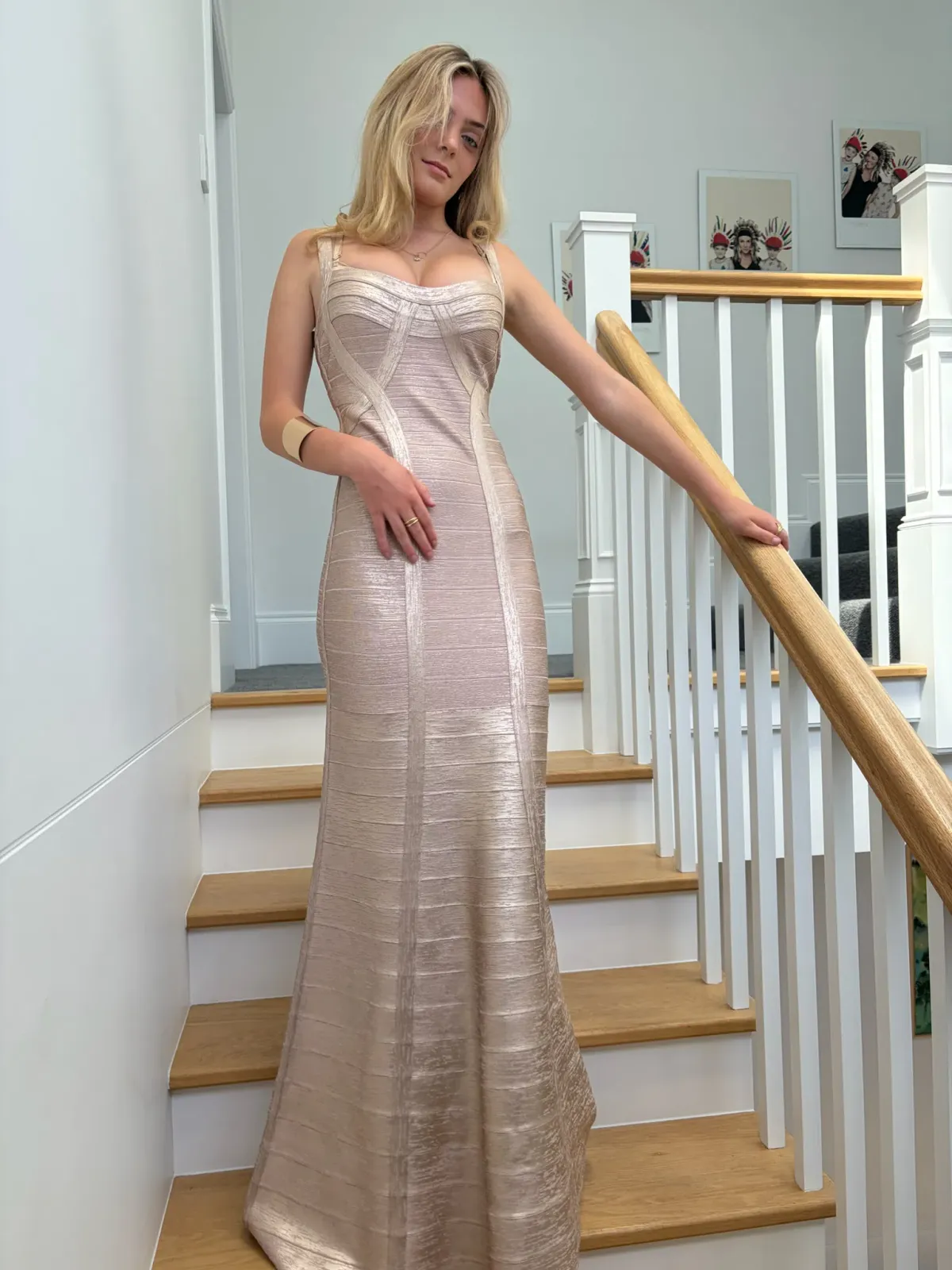 One of a kind Gold Hervé Léger Square Neckline Long Dress. for rent on The Volte - main image