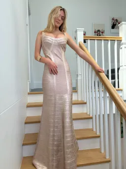 One of a kind Gold Hervé Léger Square Neckline Long Dress. for rent on The Volte - image 1