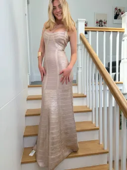 One of a kind Gold Hervé Léger Square Neckline Long Dress. for rent on The Volte - image 2