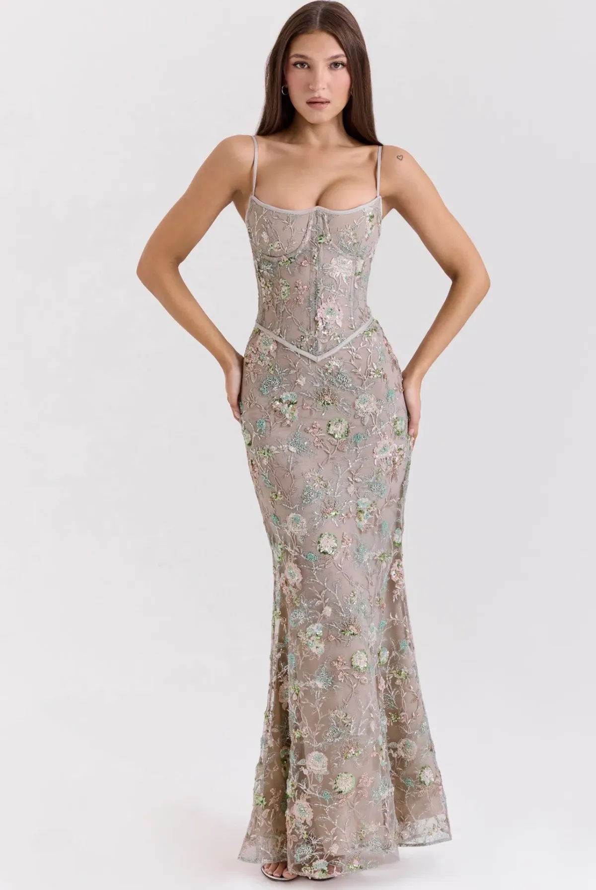 House of CB Naima Embellished Beaded Corset Maxi Dress Silver size 8 - Image 1