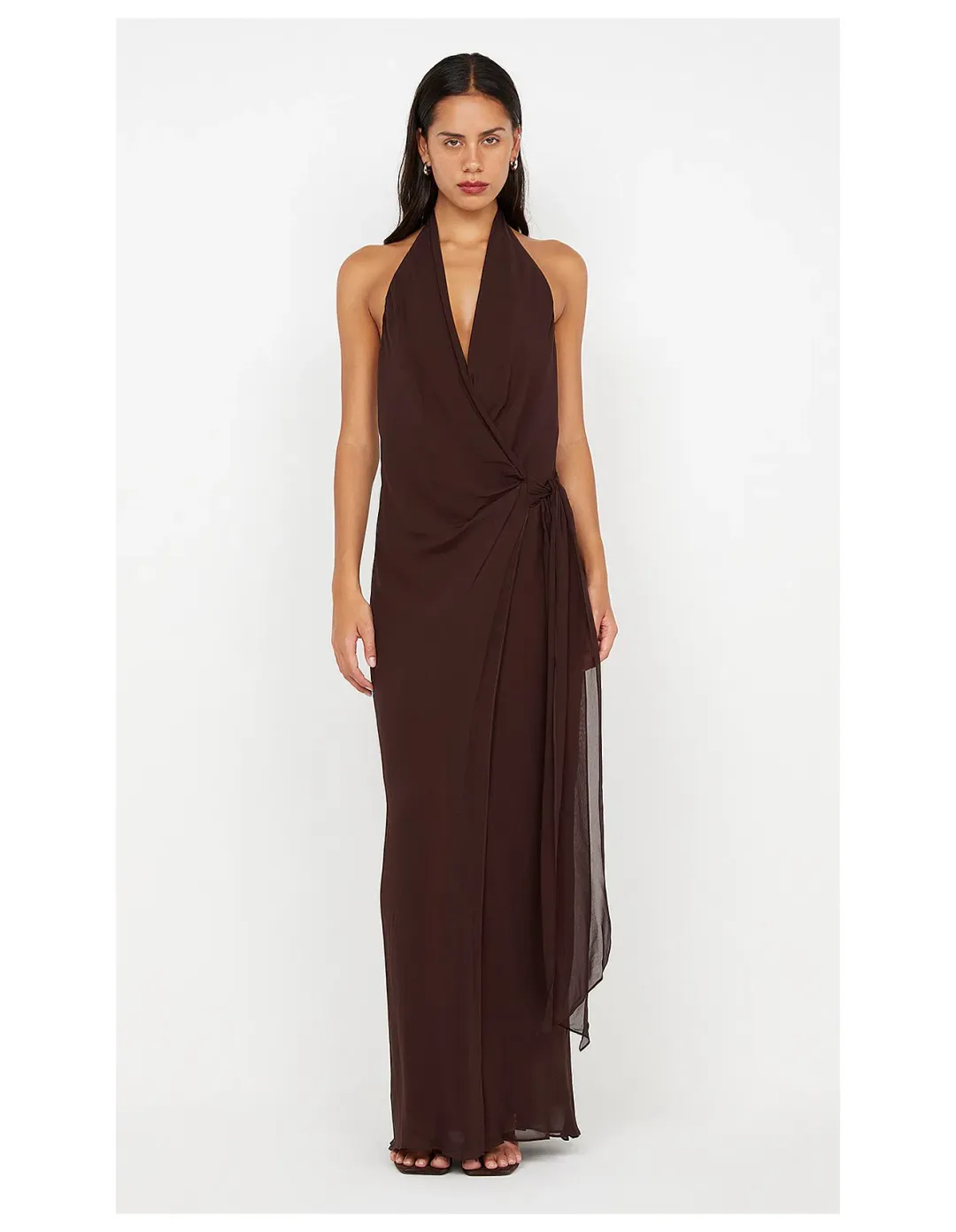 Bec and Bridge Soneva Wrap Halter Dress in Dark Chocolate Brown Size 10 / M AU for rent on The Volte - main image
