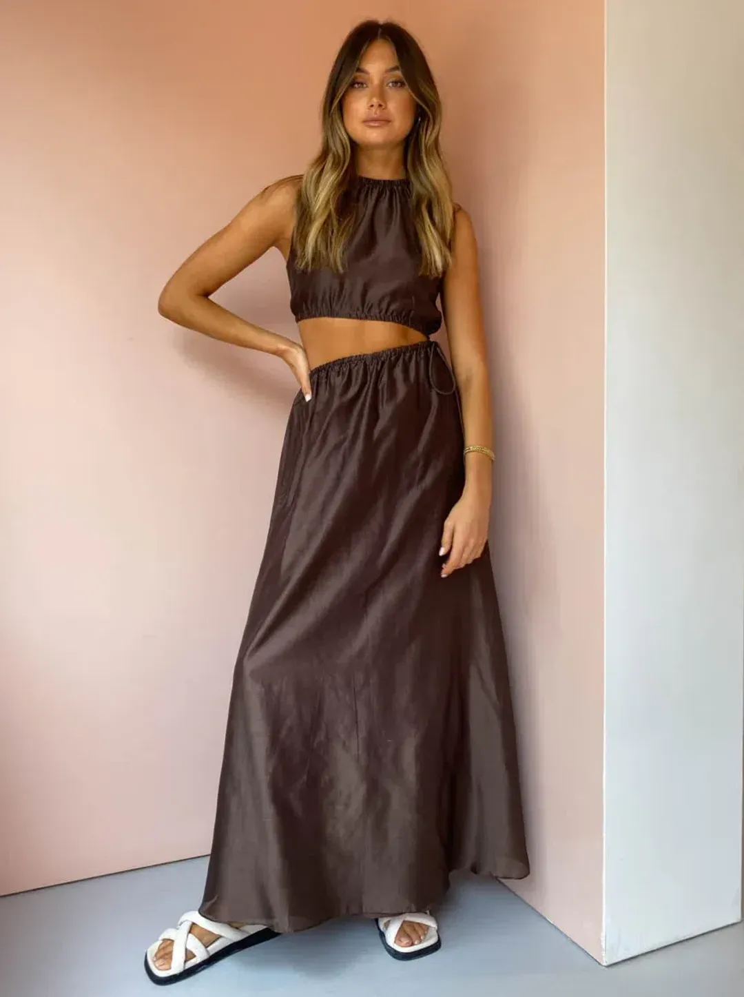 ANJE ASYMMETRICAL CUT OUT DRESS IN CHOCOLATE SIZE 1 / AU 8 for rent on The Volte - main image