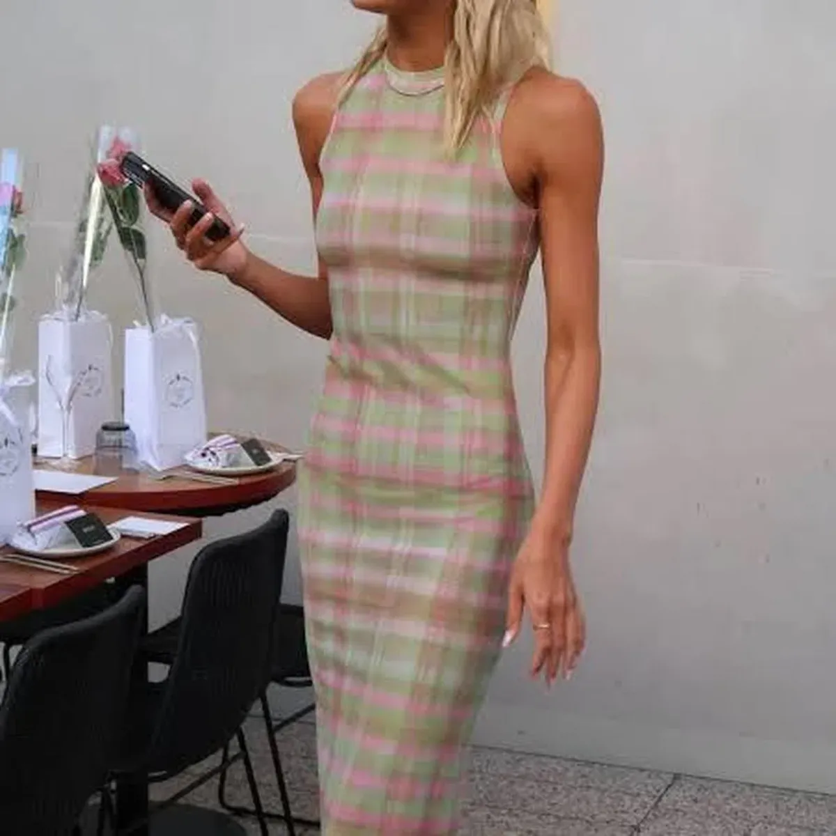 With Harper Lu Plaid Mesh Maxi Dress in green and pink - Image 2