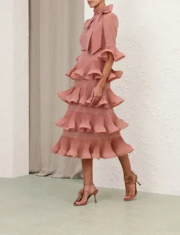 Zimmermann Pleated Sleeved Midi Dress Size 0/ 8-Lipstick Pink for rent on The Volte - image 2