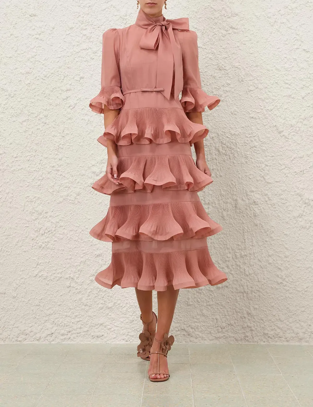 Zimmermann Pleated Sleeved Midi Dress Size 0/ 8-Lipstick Pink for rent on The Volte - main image