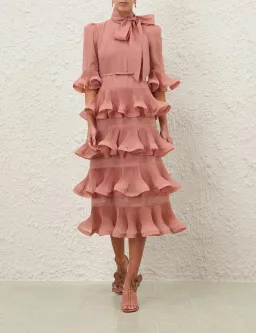 Zimmermann Pleated Sleeved Midi Dress Size 0/ 8-Lipstick Pink for rent on The Volte - image 1