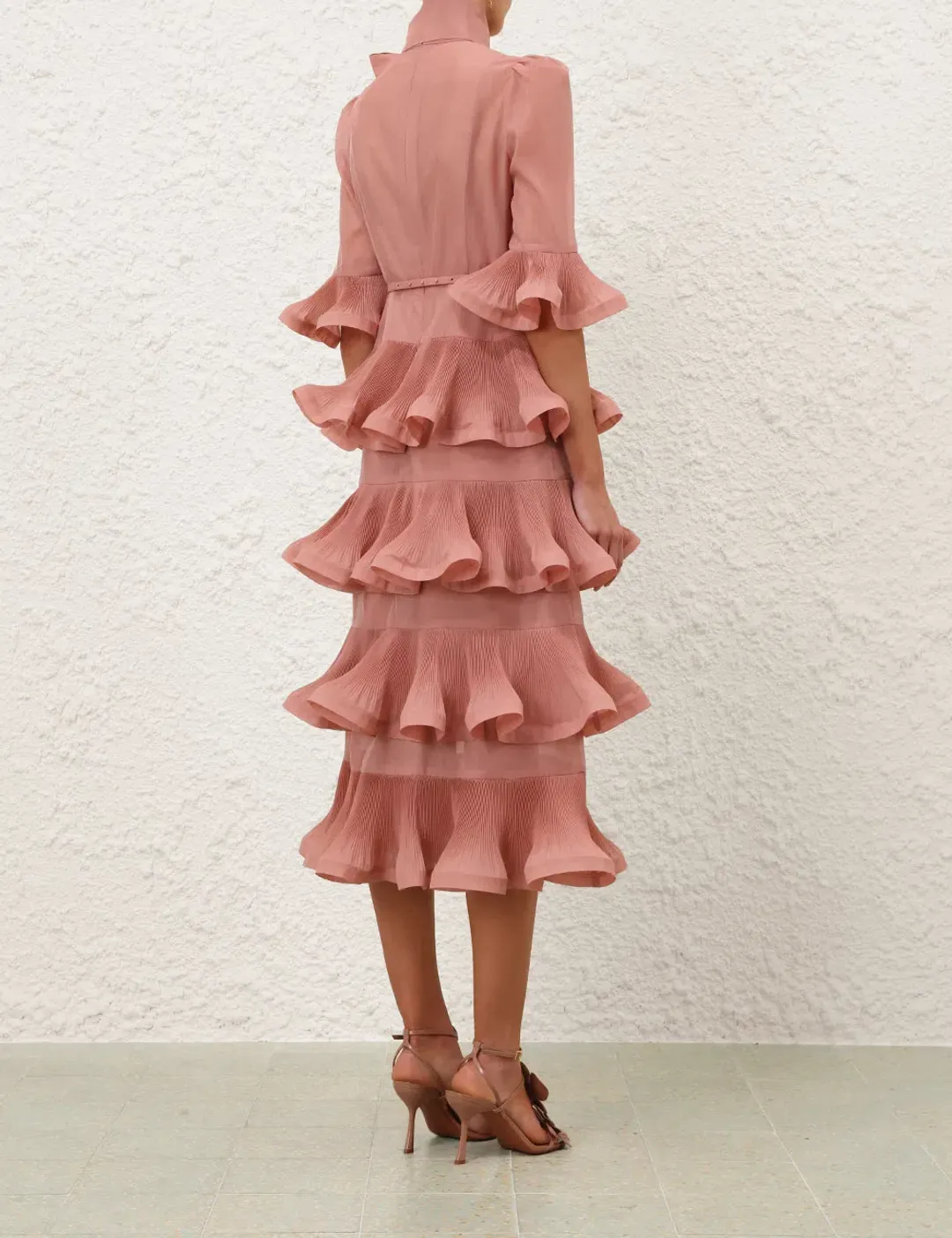 Zimmermann Pleated Sleeved Midi Dress Size 0/ 8-Lipstick Pink for rent on The Volte - main image