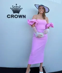 Bianca and Bridgett size 10 pink midi dress with bubble sleeves for rent on The Volte - image 1