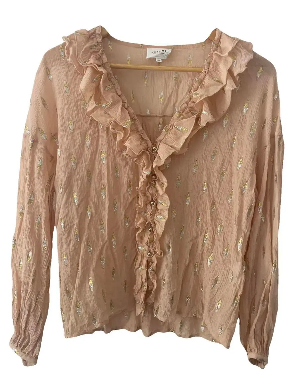 Sézane Izaac Long Sleeve Shirt in Rosy Beige Lurex Size 40 - Image 2