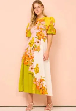 Alemais Silas Midi Dress Yellow Pink Floral Print Size 10 for rent on The Volte - image 1