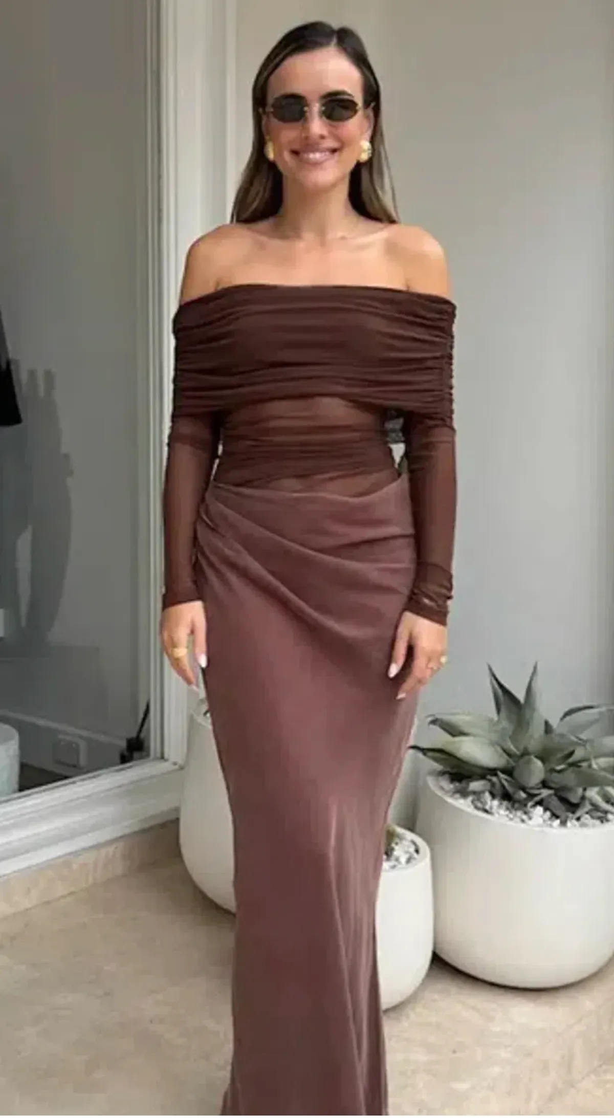 Benni Yasmin Off Shoulder Dress - Chocolate - Image 1