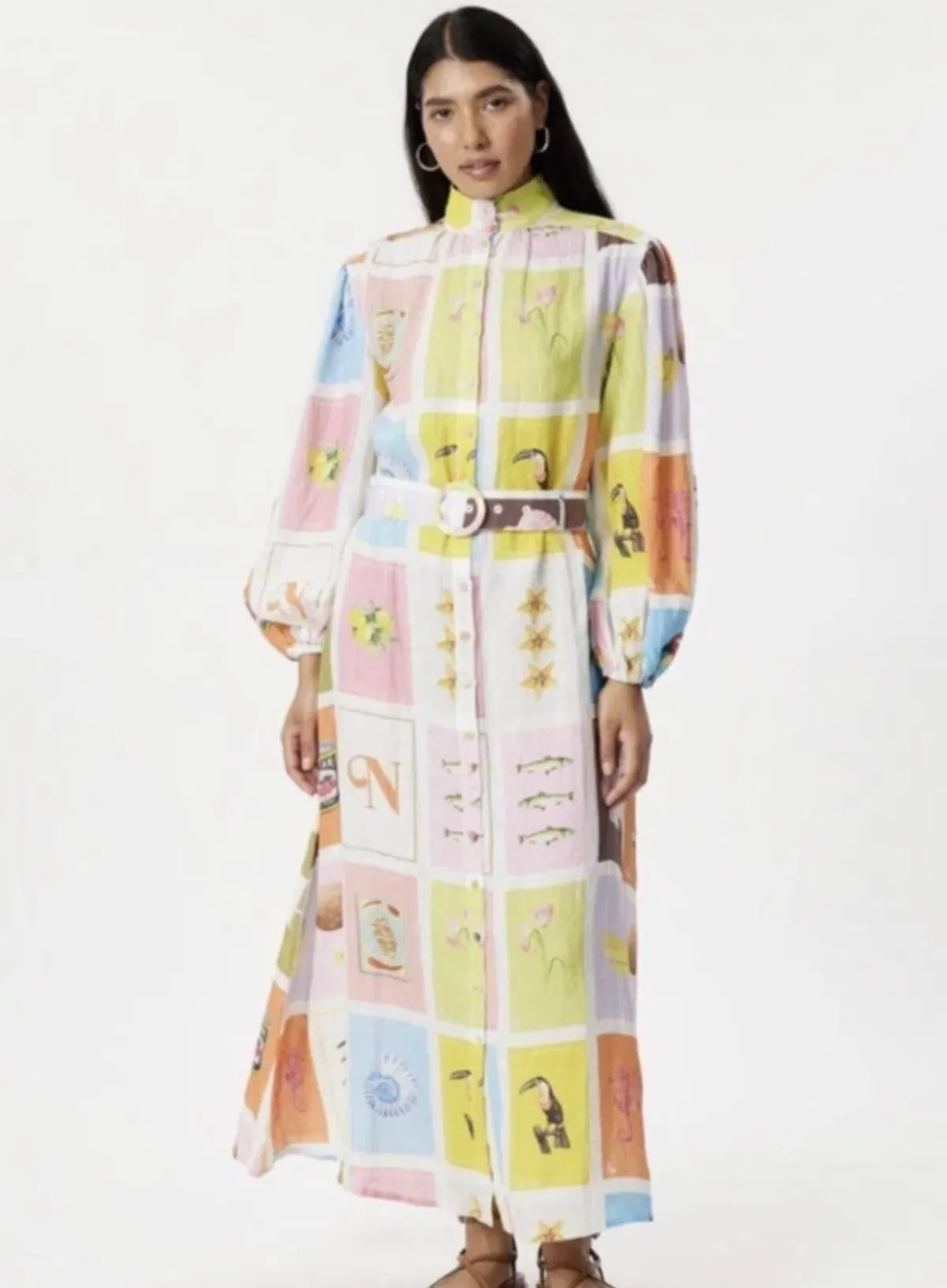 Palm Noosa Noddy Cartagena Dress Size 6 Linen Belted Long Sleeves Button Thru - Image 1