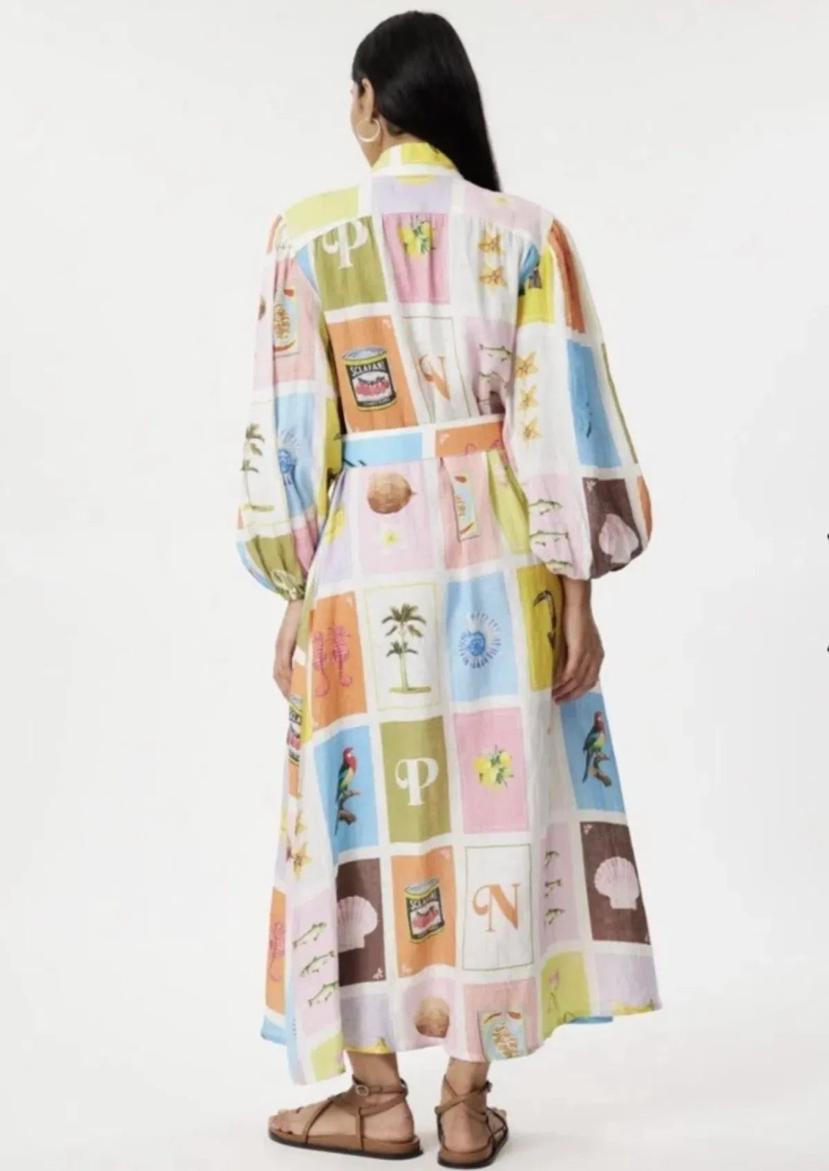 Palm Noosa Noddy Cartagena Dress Size 6 Linen Belted Long Sleeves Button Thru - Image 2