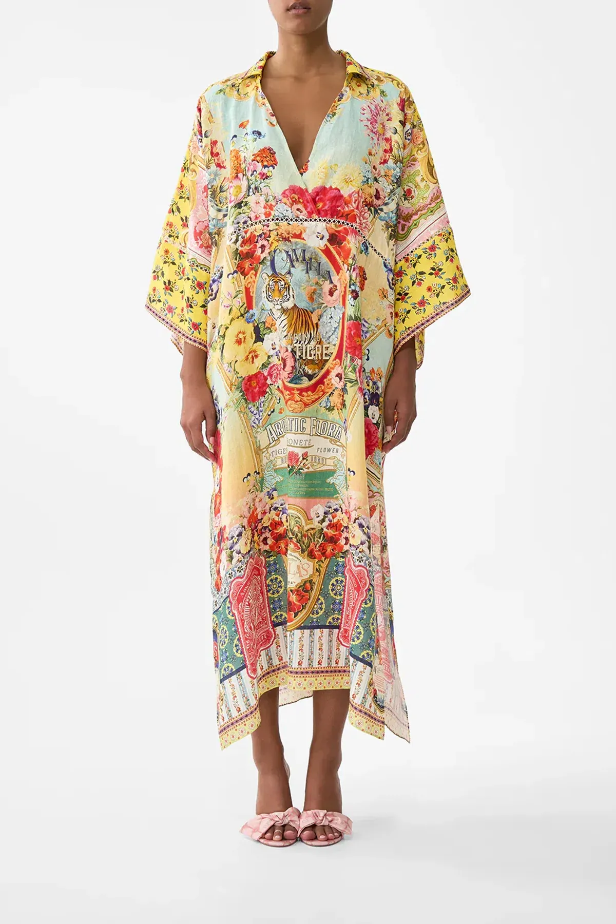 Camilla Deep V Kaftan With Cut-Out Detail Aromatic Tiger Flower size XL/XXL for rent on The Volte - main image