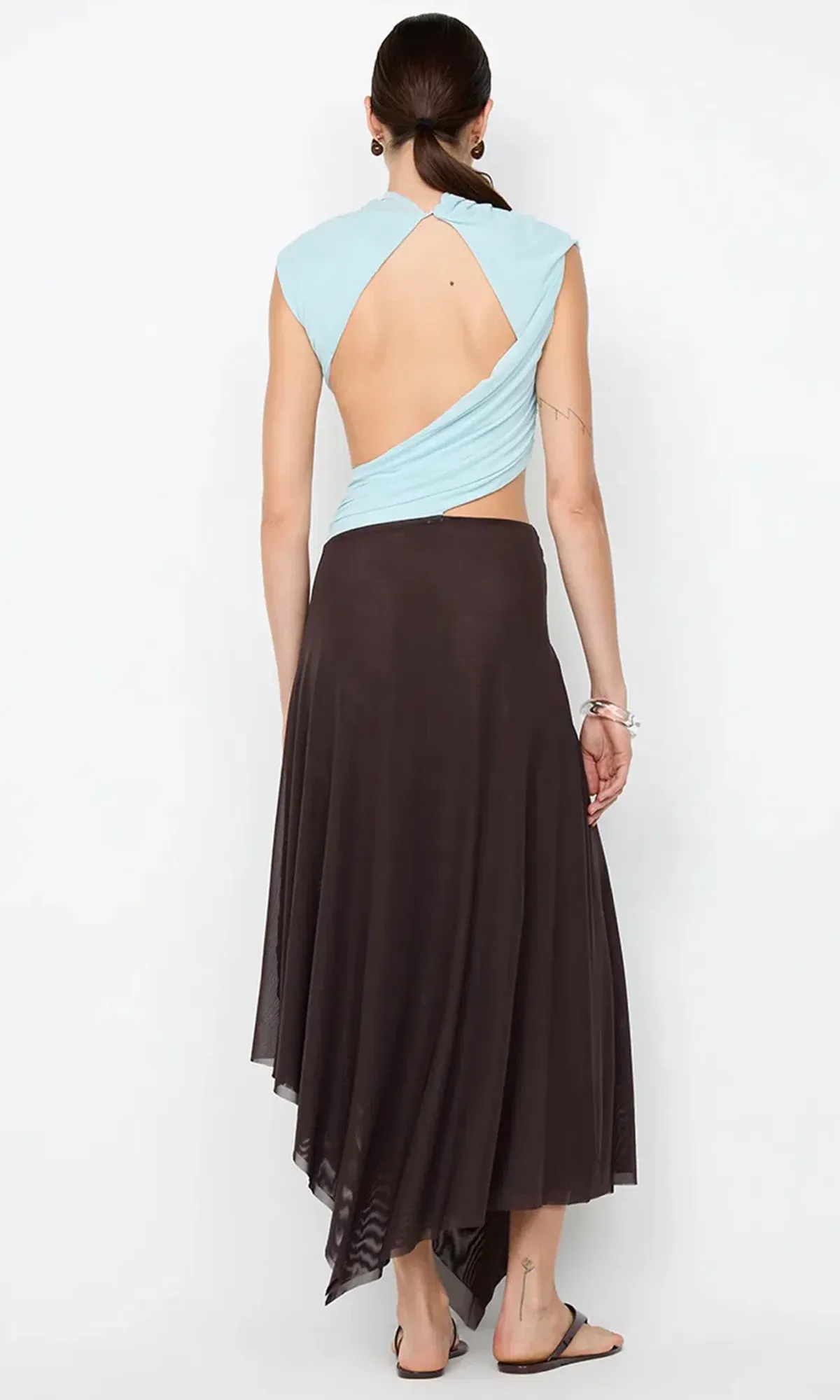 Bec & Bridge Conni ASYM Midi Dress Arctic Blue / Dark Chocolate Size 6 - Image 3
