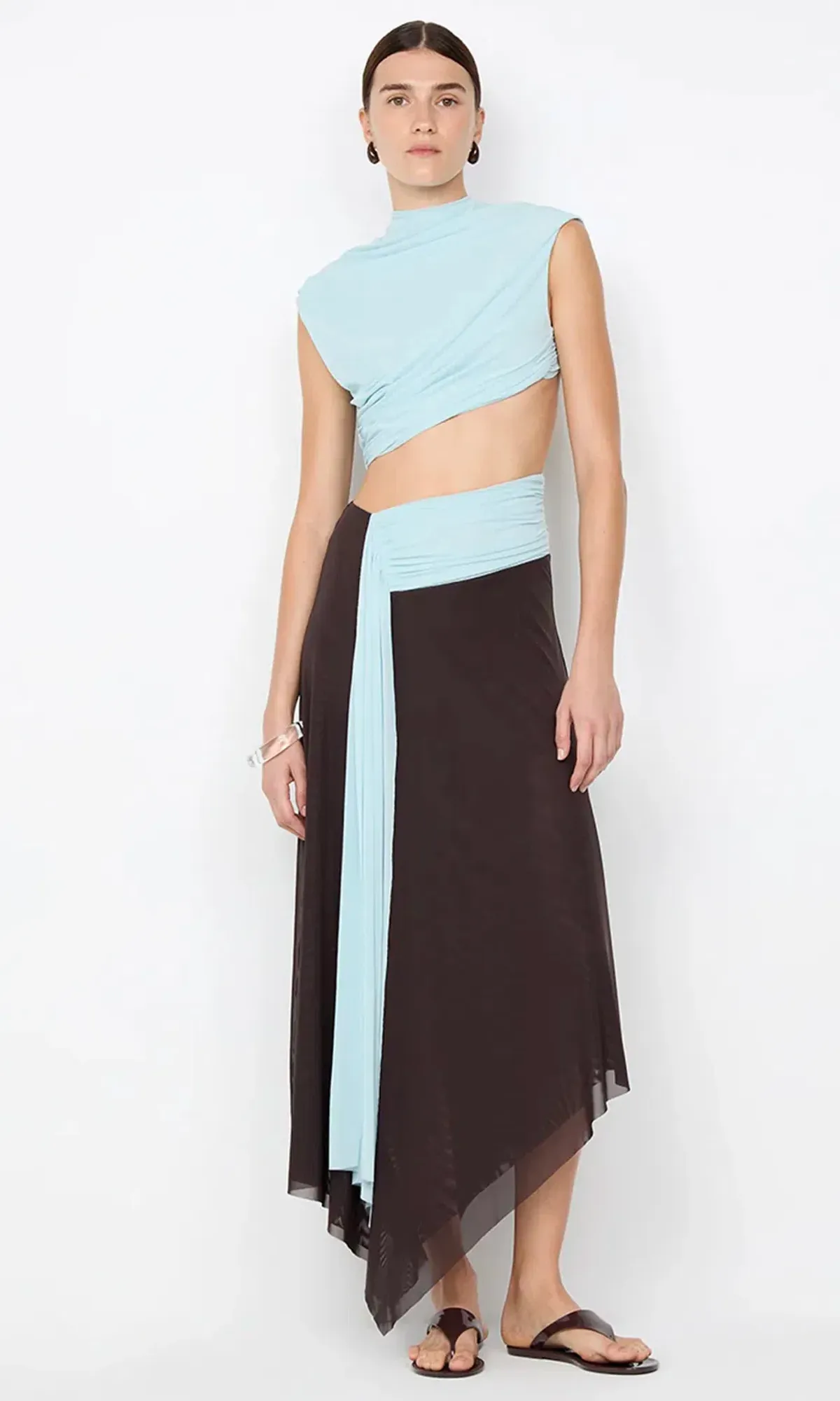 Bec & Bridge Conni ASYM Midi Dress Arctic Blue / Dark Chocolate Size 6 - Image 1