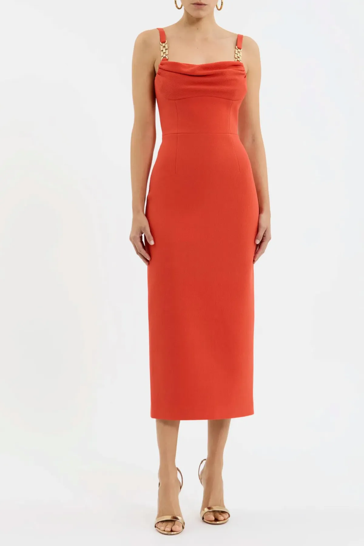 Rebecca Vallance Empress Midi Dress Orange With Gold Trim Size 10 for rent on The Volte - main image