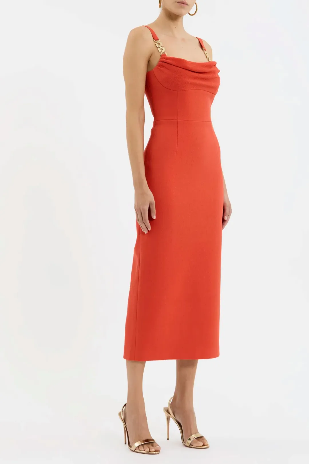 Rebecca Vallance Empress Midi Dress Orange With Gold Trim Size 10 for rent on The Volte - main image