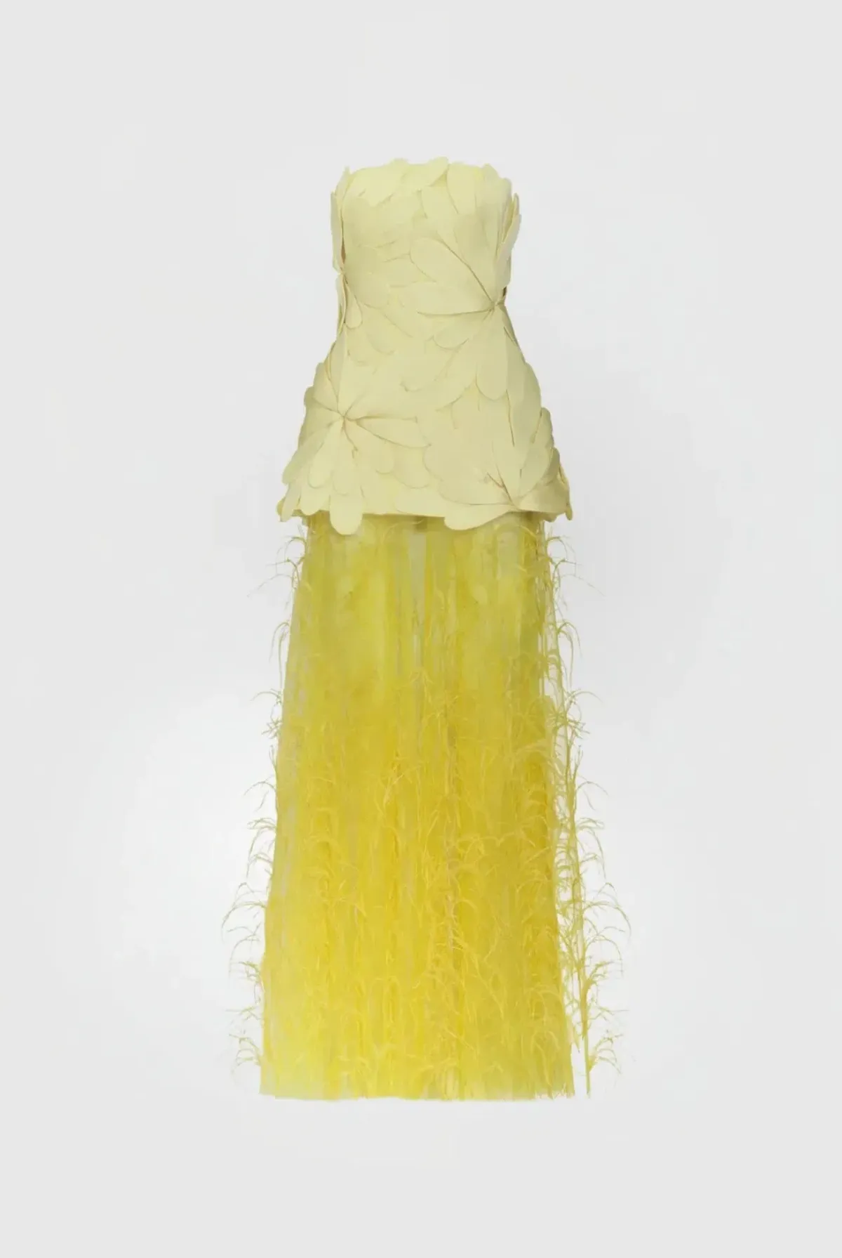 Justin Tong Marisol Applique Gown Yellow Feather Sheer Dress Size 10 - Image 7