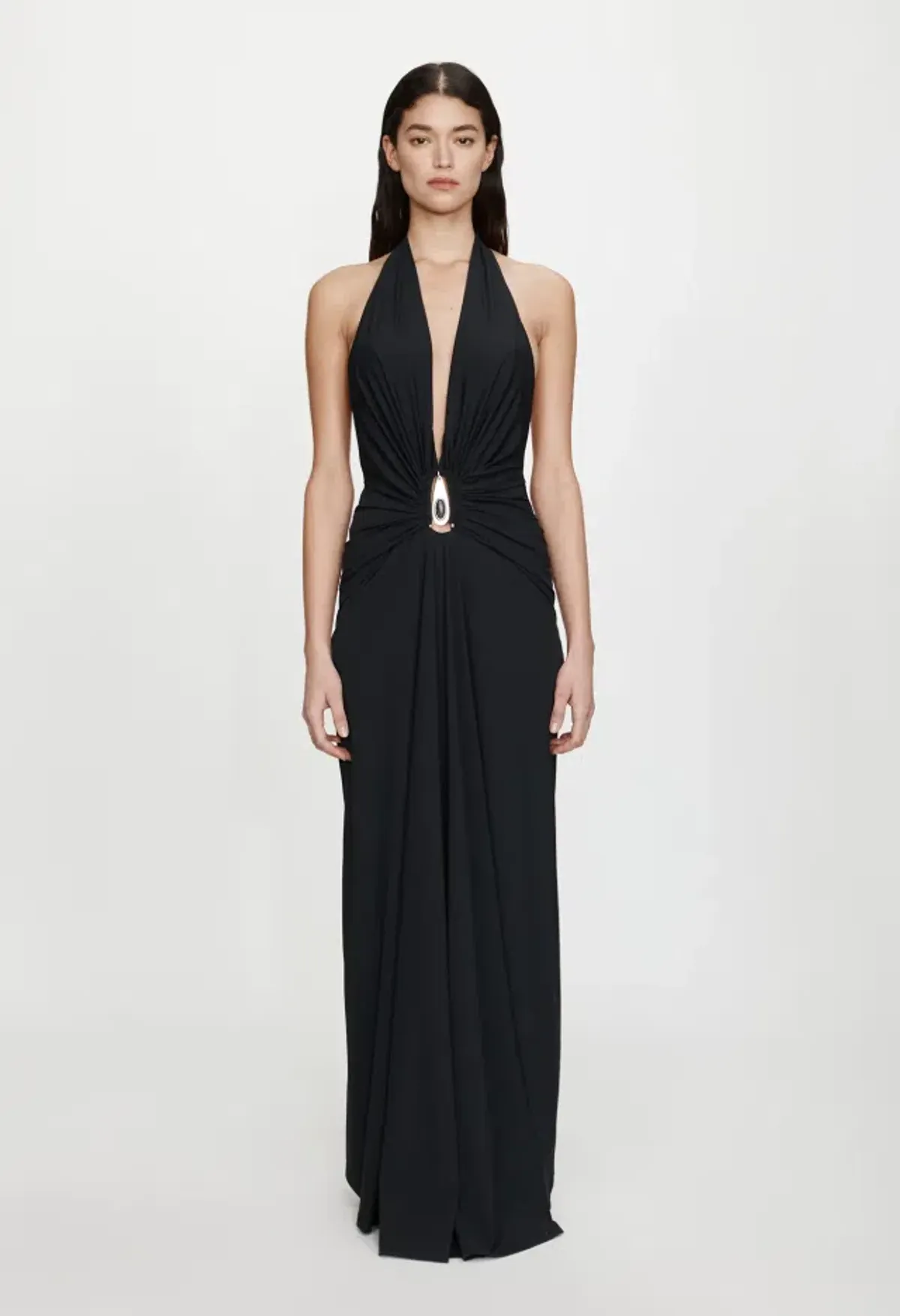 Christopher Esber Crystal Pendant Ruched Lycra Halter Dress Black Size 10 for rent on The Volte - main image