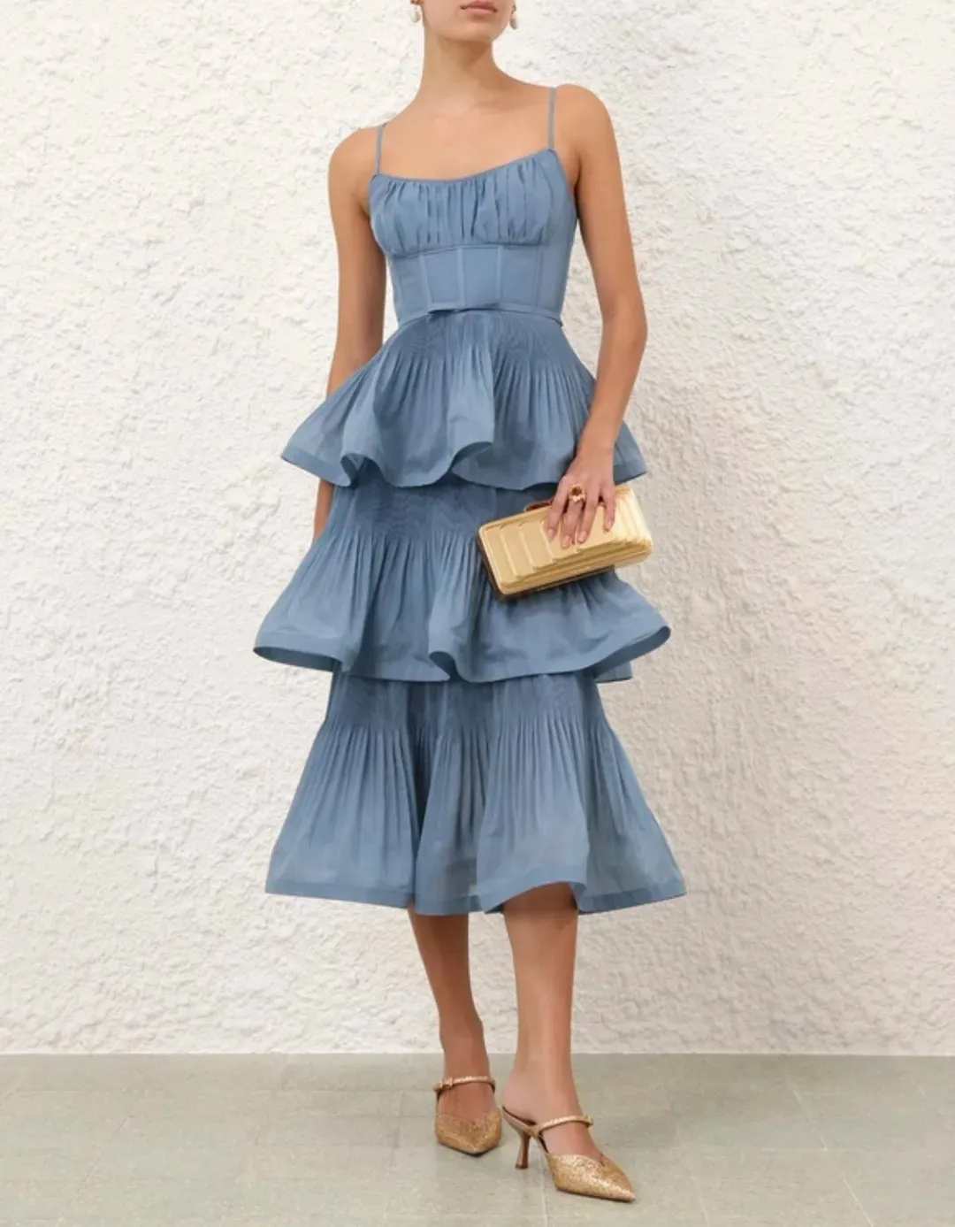 Zimmermann Deep Blue Pleated Tiered Midi s0 for rent on The Volte - main image