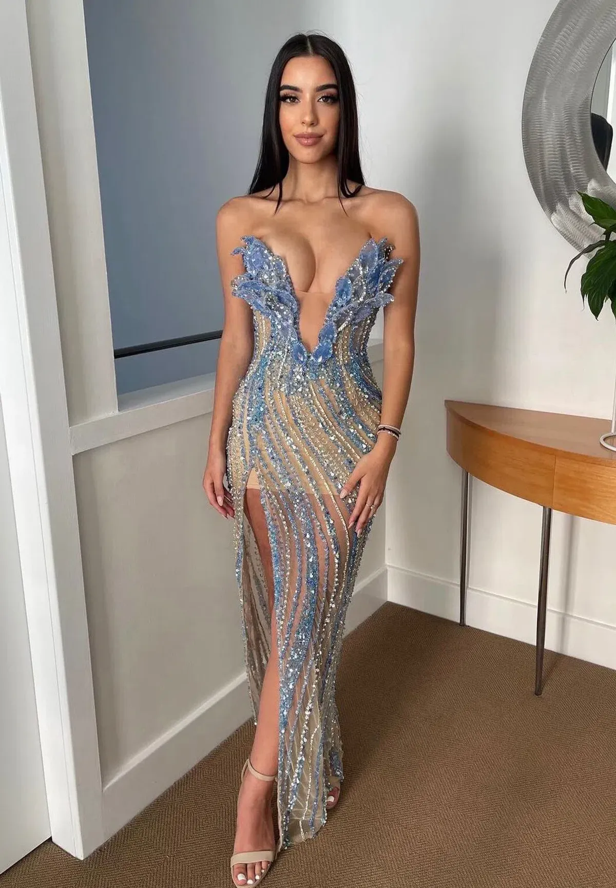 Albina Dyla - Blue embellished dress with leaf corset - Image 3