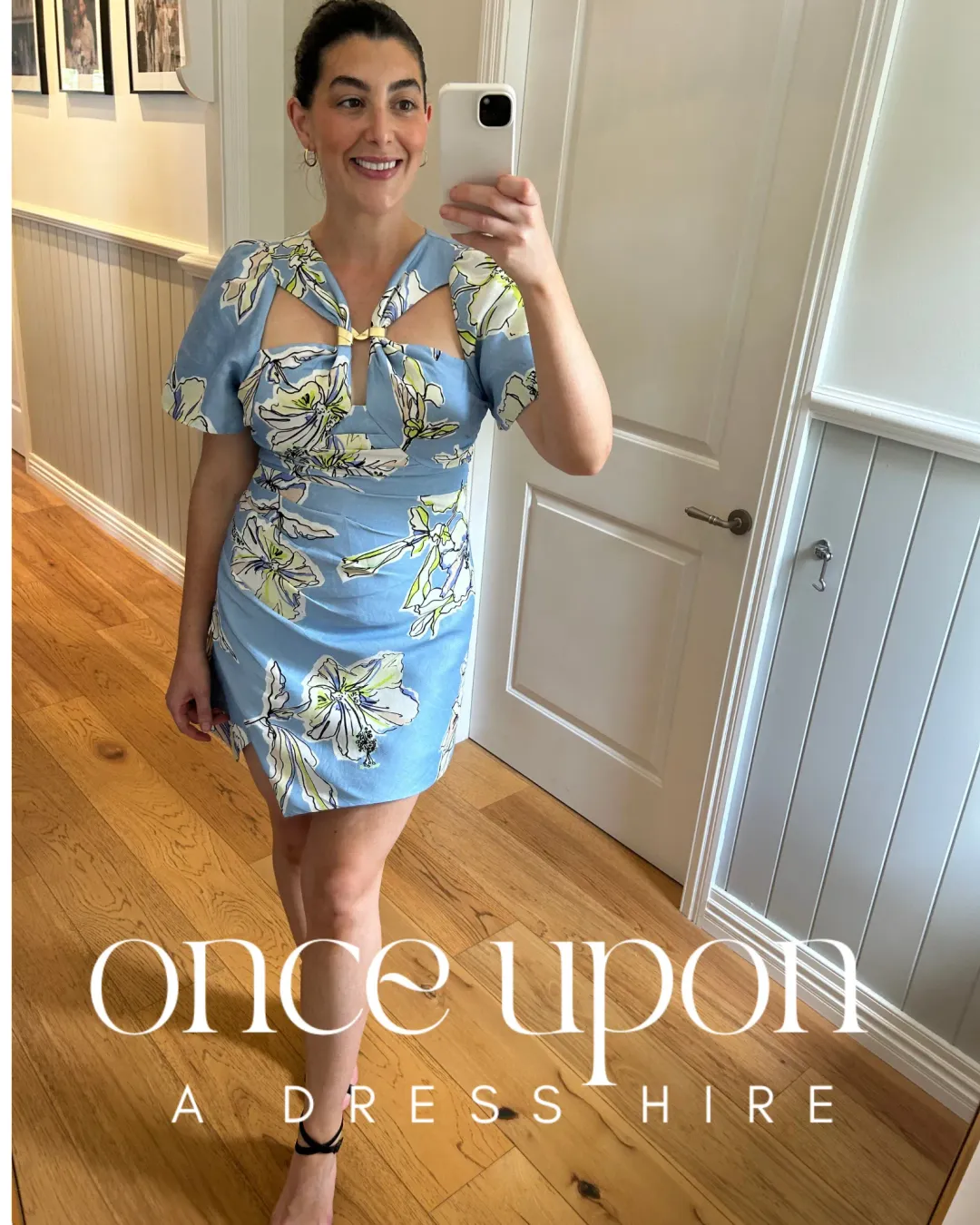 Aje Presence Twisted Mini Dress Blue Hibiscus Size AU 12 for rent on The Volte - main image