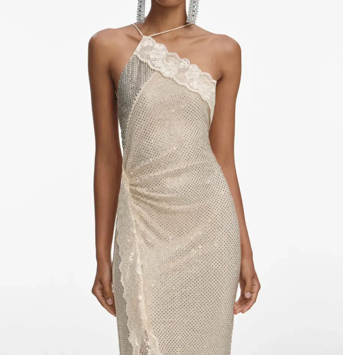 SELF-PORTRAIT CHAMPAGNE RHINESTONE LACE TRIM MAXI DRESS IN AU 8 - Image 4