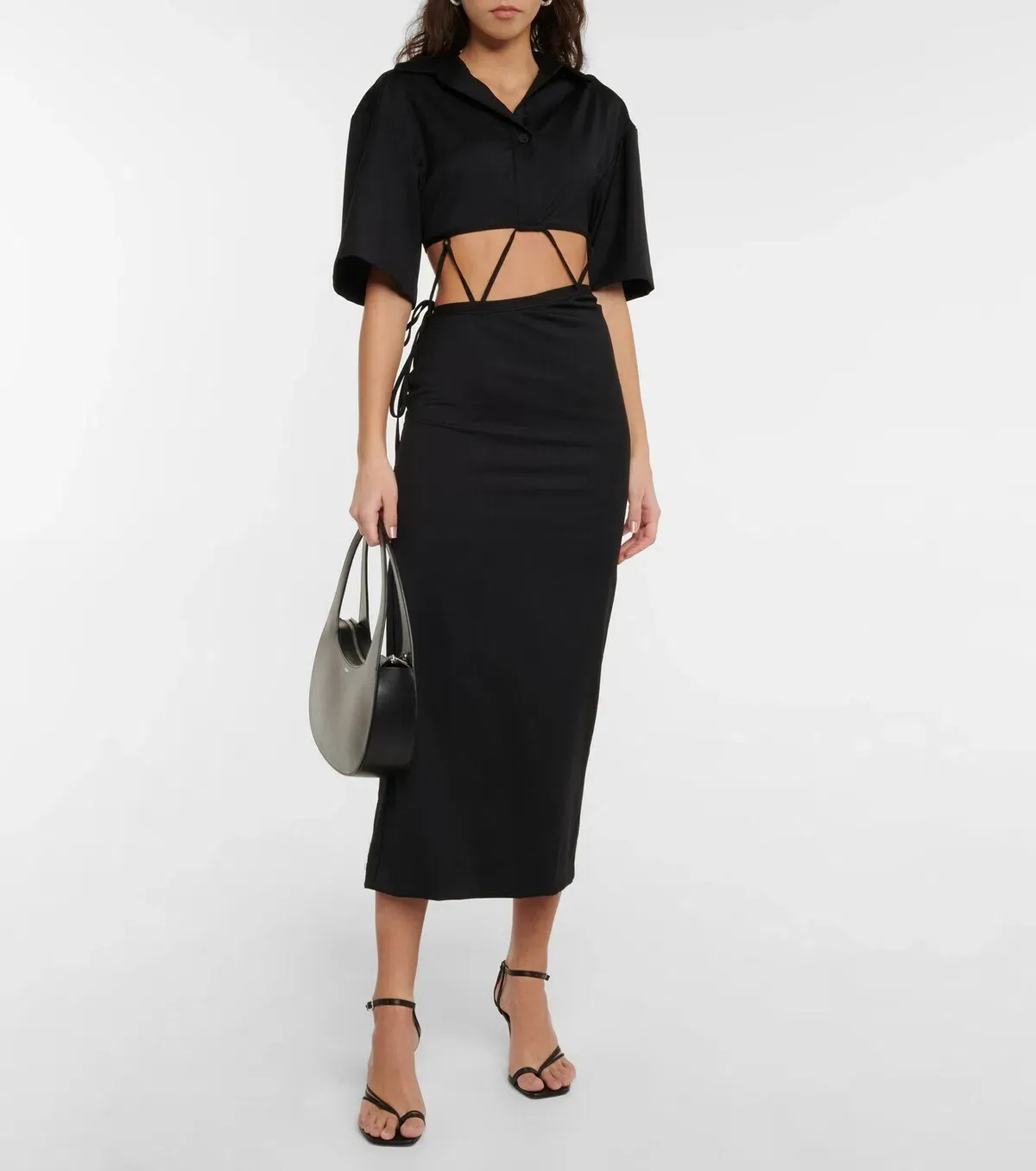 Midi Wool Blend Cut Out Shirt Dress Black - Image 1