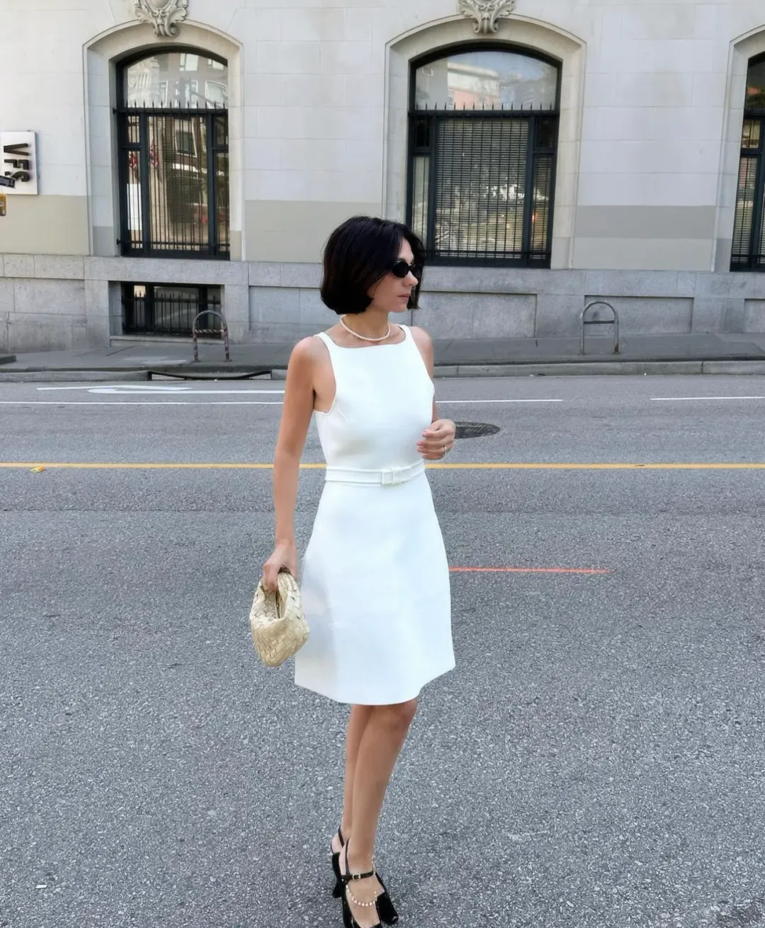 Crepe Knit Bow Bell Dress White With Belt for rent on The Volte - main image
