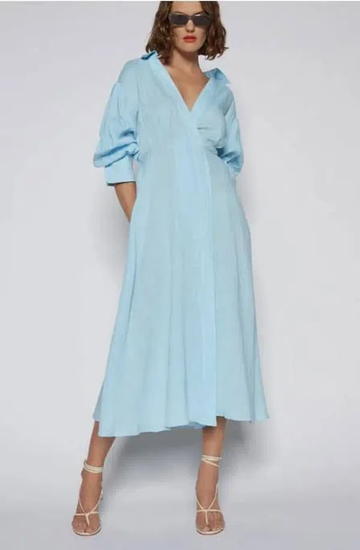 Italian Linen Wrap Shirt Dress Aqua Blue - Image 1