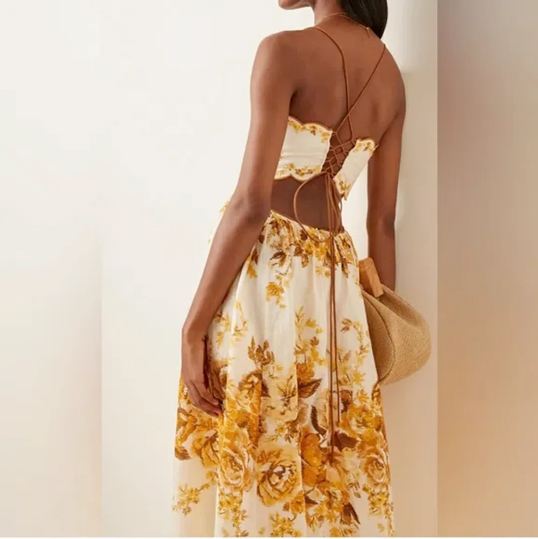 Zimmermann Aliane Scallop Midi Dress Amber Floral Size 8 for rent on The Volte - main image
