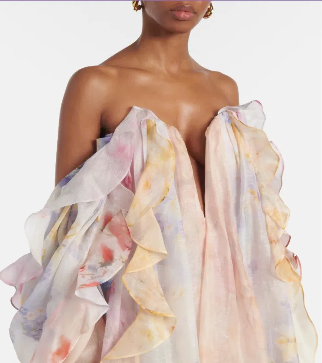 Zimmermann Crush Ruffled Off-the-shoulder Linen-silk Gown In Multi Floral Gown in size 8 for rent on The Volte - main image