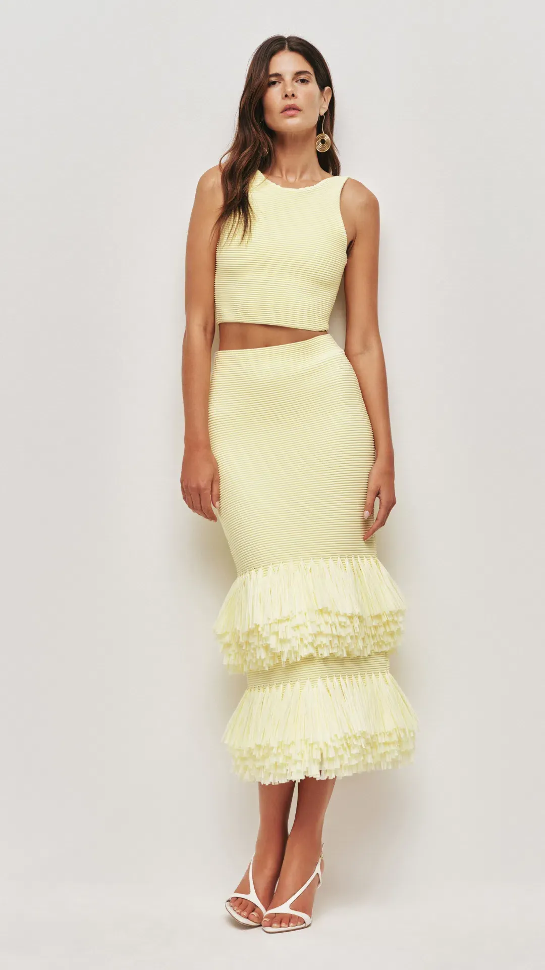 AJE Agave Knit Top and Raffia Midi Skirt in Lemon Size S (8) for rent on The Volte - main image