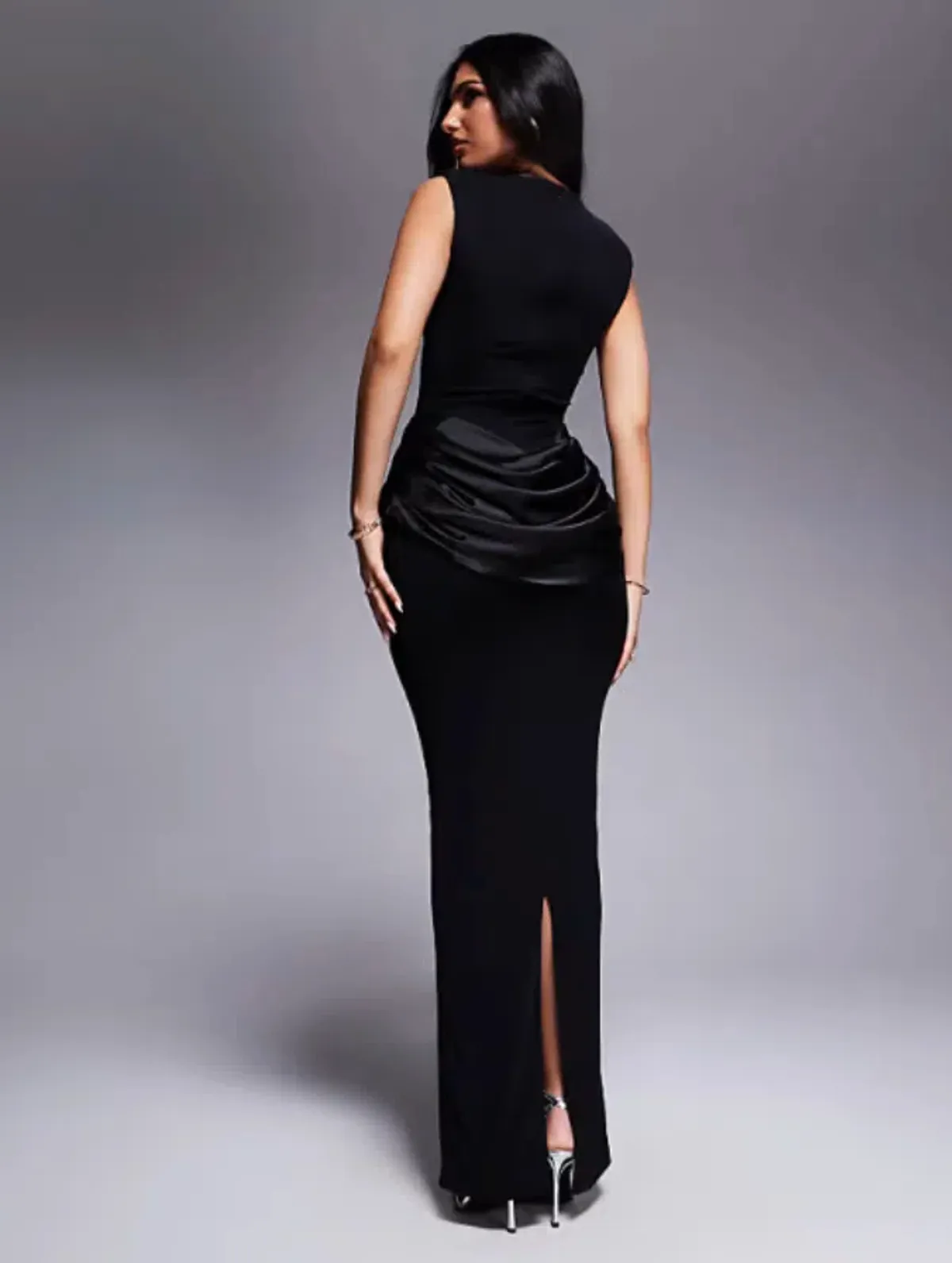 Wanderdoll Eman sleeveless slash neck satin drape waist detail bodycon maxi dress in black Size 12 - Image 3