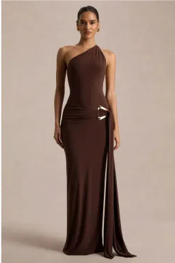 Bonnie Brown Asymmetric-Neck Maxi Dress With Open-Back for rent on The Volte - image 1