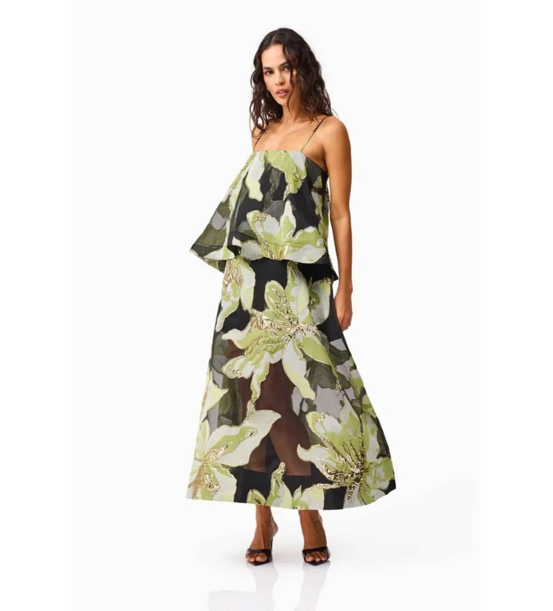 Elliatt Elysia Tiered Gown Black and Green Floral Size L AU 12 for rent on The Volte - main image