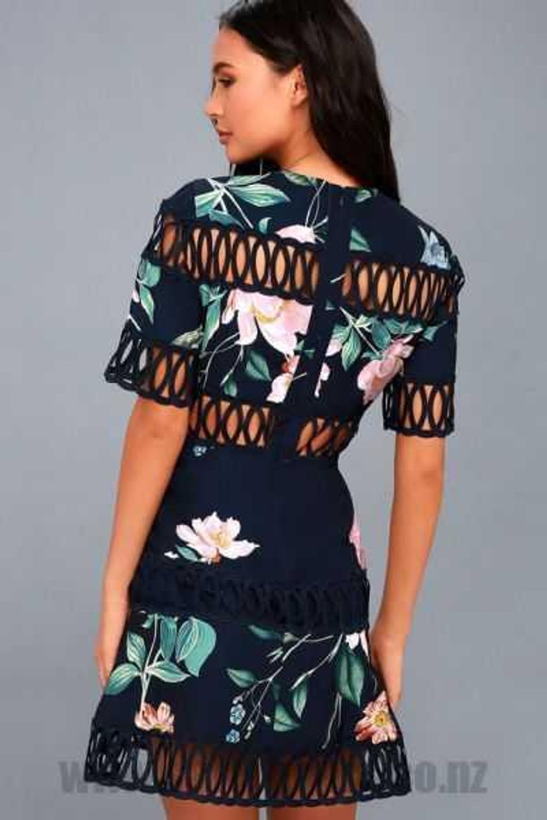 Keepsake the Label Whispers Floral Crochet Mini Dress Navy Garden Floral Size 8 for rent on The Volte - main image