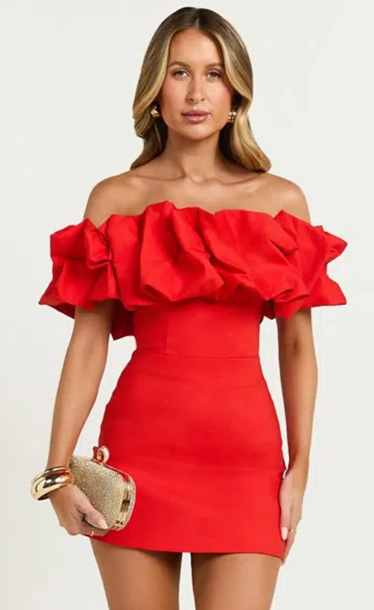 Showpo Off Shoulder Coraline Mini Dress in Red size 6 SOLD OUT for rent on The Volte - main image