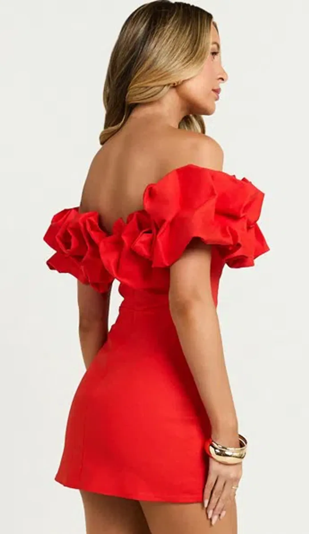 Showpo Off Shoulder Coraline Mini Dress in Red size 6 SOLD OUT for rent on The Volte - main image