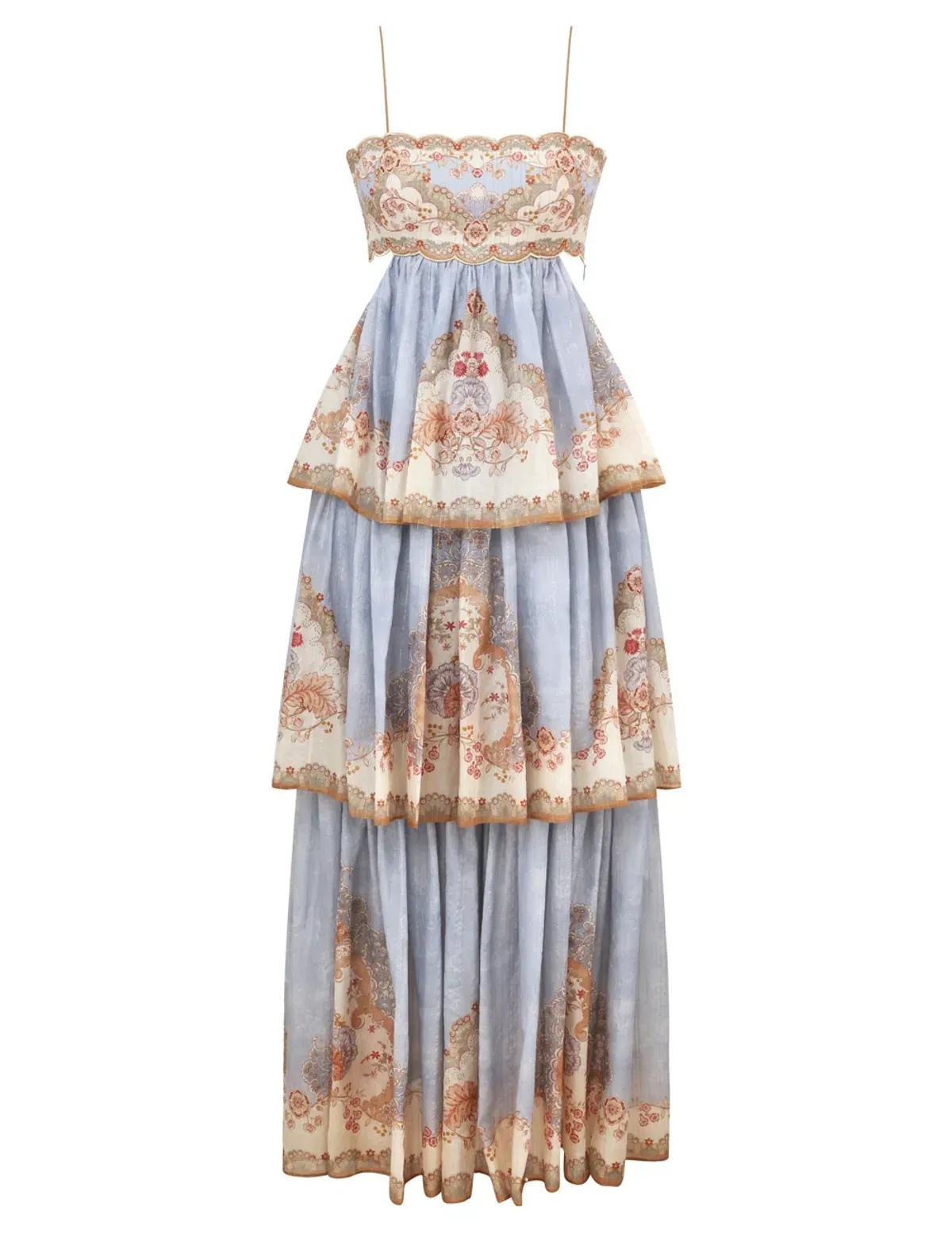 Zimmermann Daylight Tiered Maxi Dress in Wallpaper Floral Denim Size 1 / AU 10 for rent on The Volte - main image