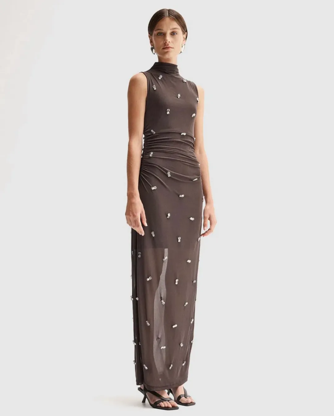 Elka Collective Elara Brown Mesh Beaded Maxi Dress for rent on The Volte - main image