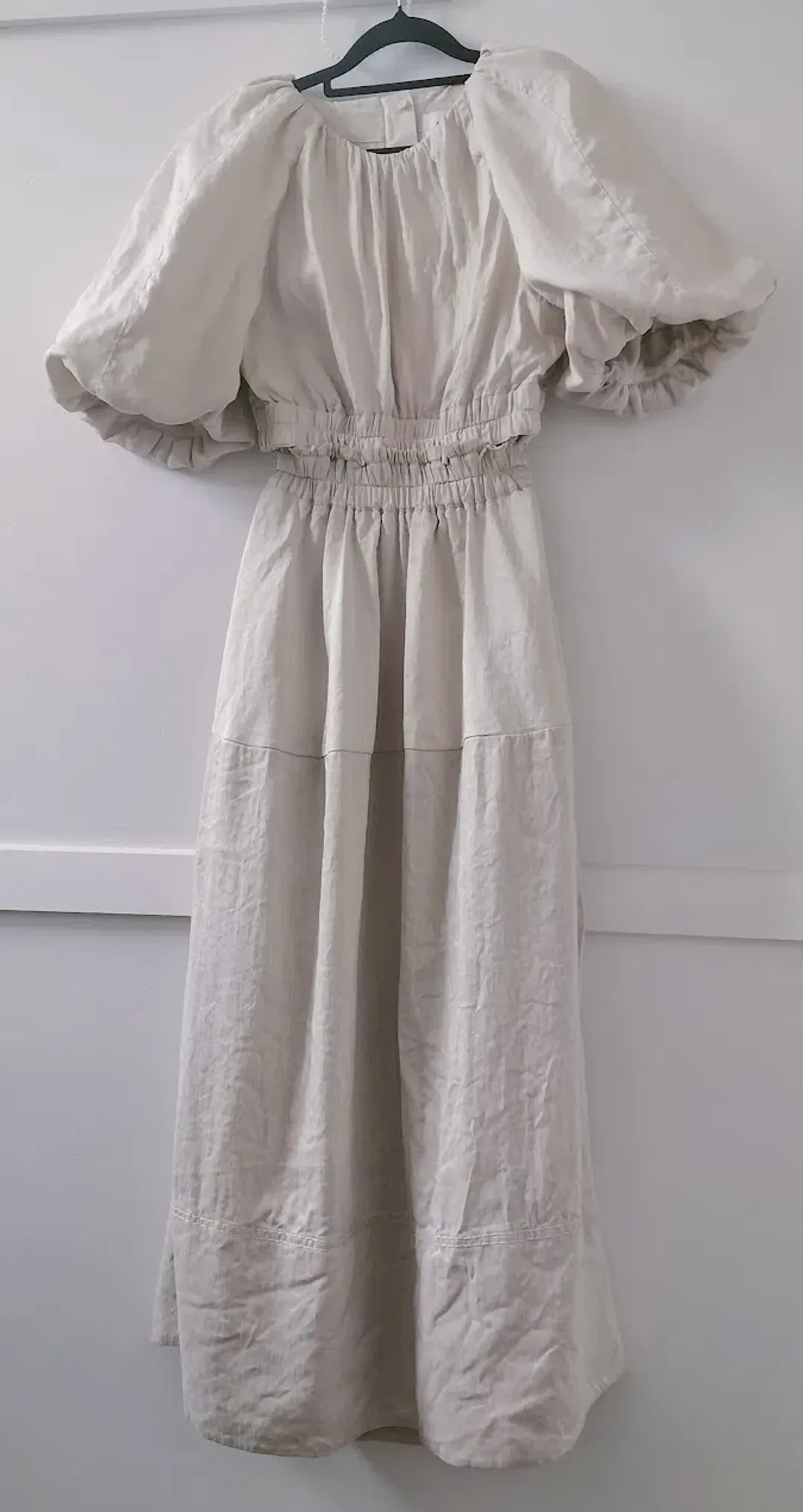 AJE Euphoria Linen Puff Sleeve Cut Out Stone Midi Dress for rent on The Volte - main image