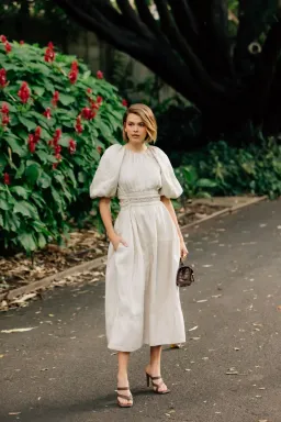 AJE Euphoria Linen Puff Sleeve Cut Out Stone Midi Dress for rent on The Volte - image 5