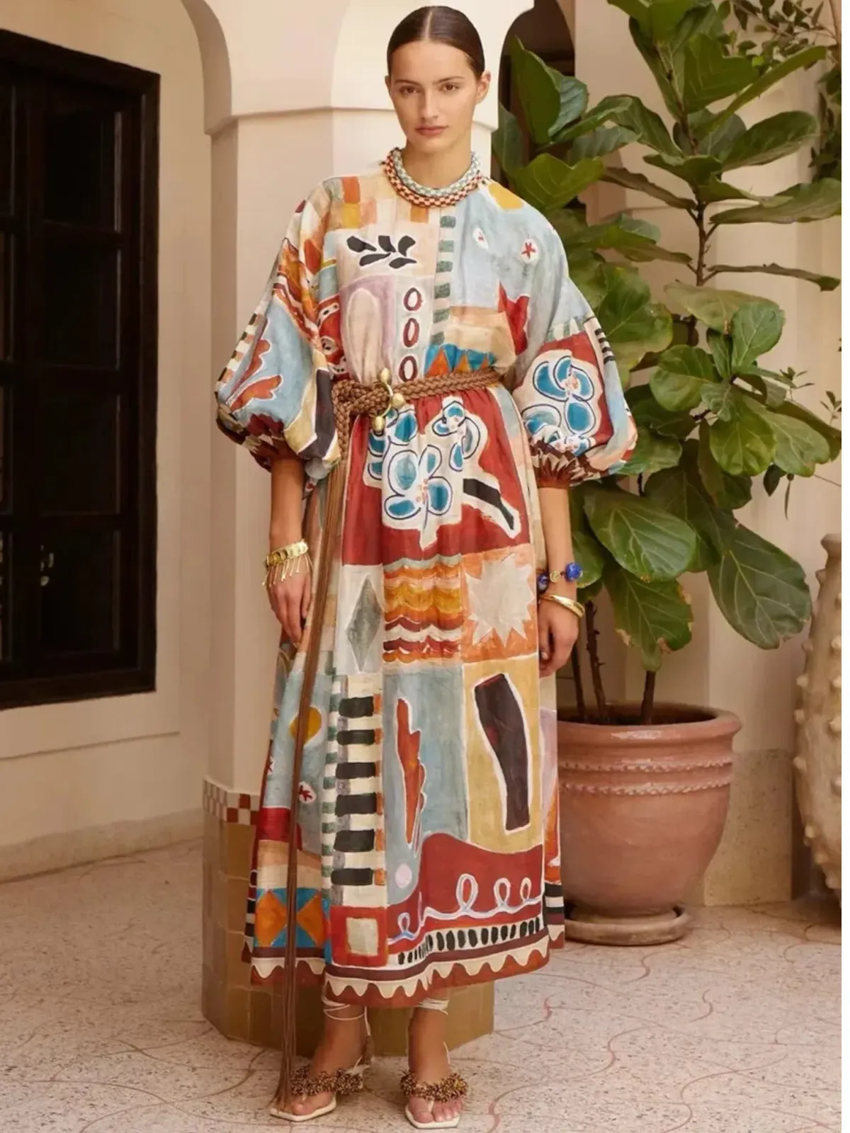 Alemais Michelle Dress Size 16 Printed Ramie Long Sleeve Midi - Image 1