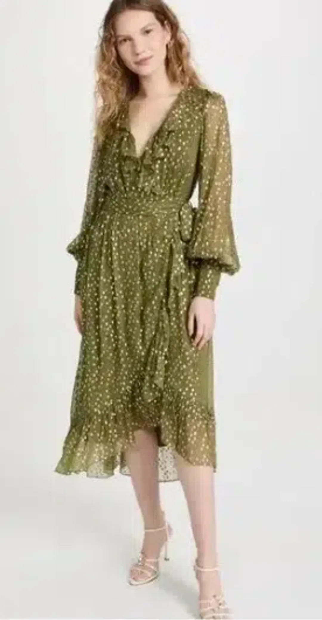 Zimmermann Lurex Wrap Midi Dress in Khaki, Size 3 or 12/14 for rent on The Volte - main image