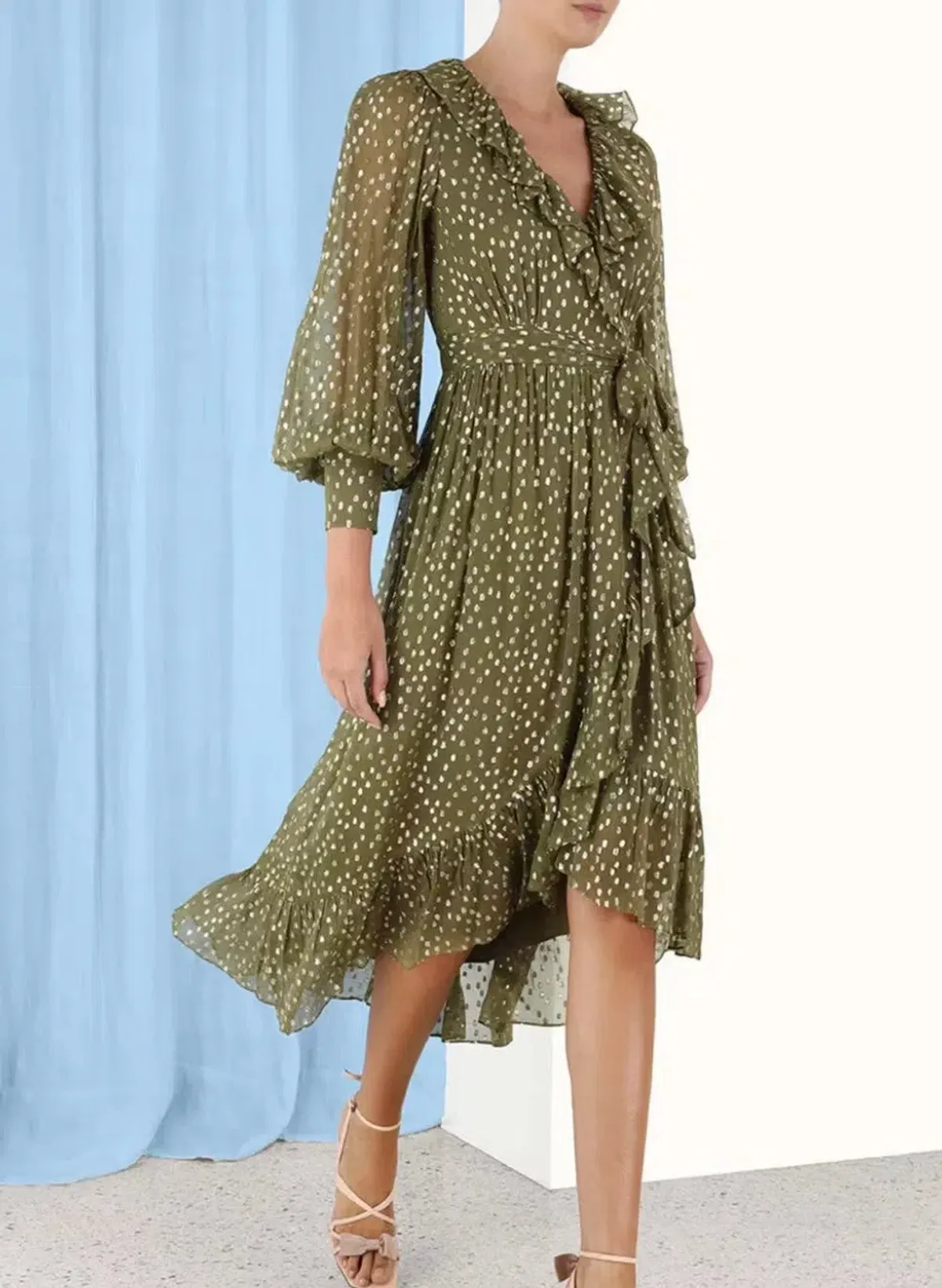 Zimmermann Lurex Wrap Midi Dress in Khaki, Size 3 or 12/14 for rent on The Volte - main image