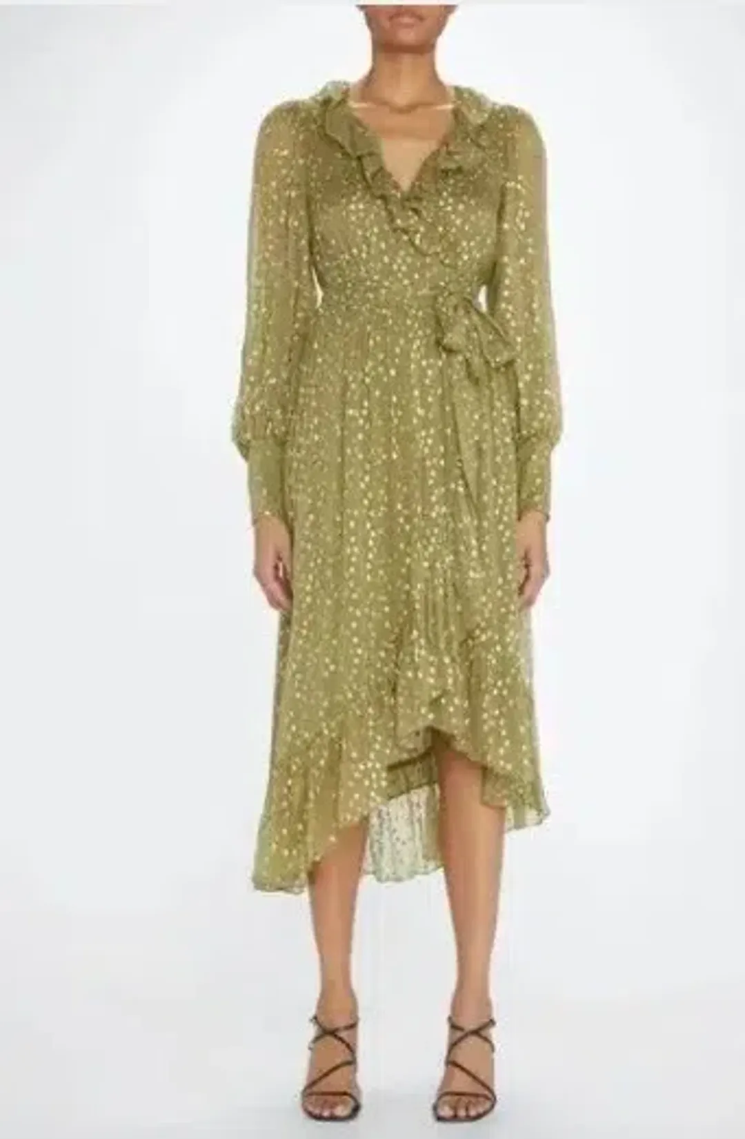 Zimmermann Lurex Wrap Midi Dress in Khaki, Size 3 or 12/14 for rent on The Volte - main image